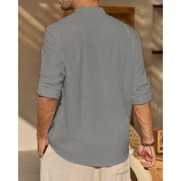 J.VER Men's Linen Roll Up Long Sleeve Shirt Cotton Casual Beach Shirts Henley T-Shirt Band Collar Vacation Tops with Pocket