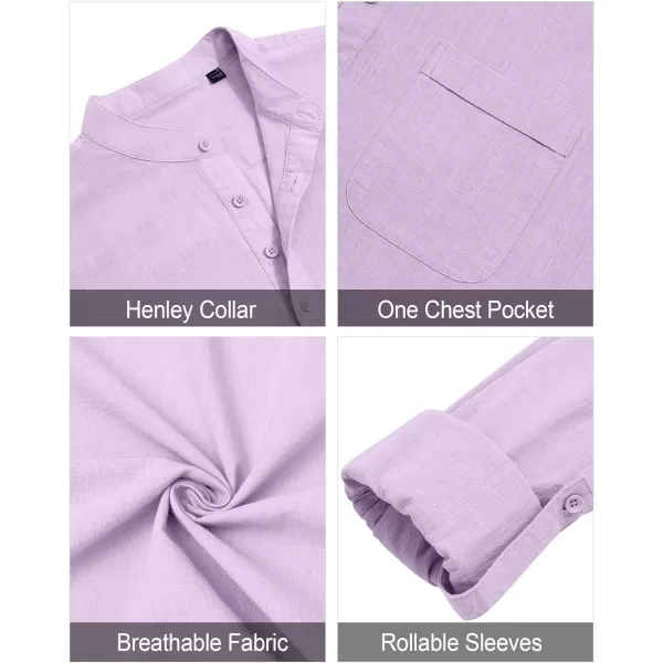 J.VER Men's Linen Roll Up Long Sleeve Shirt Cotton Casual Beach Shirts Henley T-Shirt Band Collar Vacation Tops with Pocket