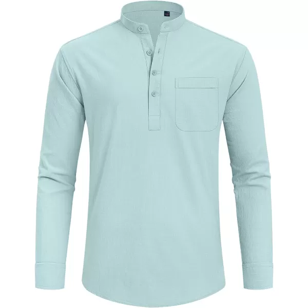 J.VER Men's Linen Roll Up Long Sleeve Shirt Cotton Casual Beach Shirts Henley T-Shirt Band Collar Vacation Tops with Pocket