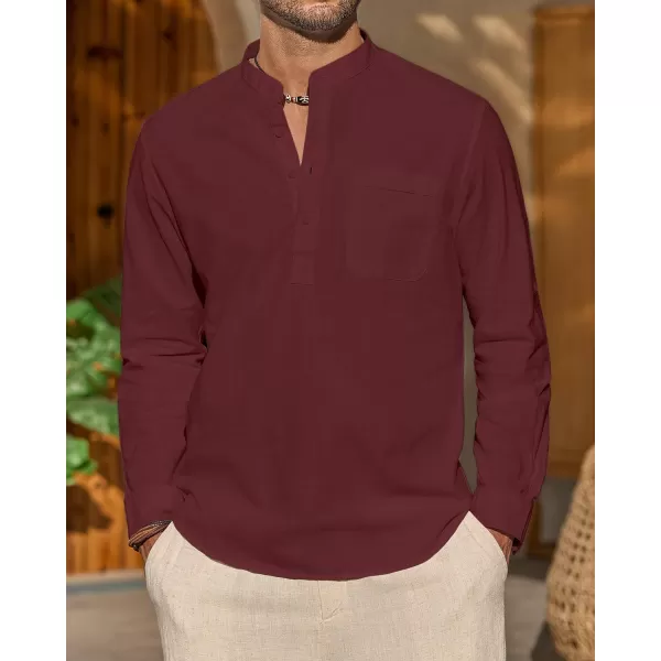 J.VER Men's Linen Roll Up Long Sleeve Shirt Cotton Casual Beach Shirts Henley T-Shirt Band Collar Vacation Tops with Pocket