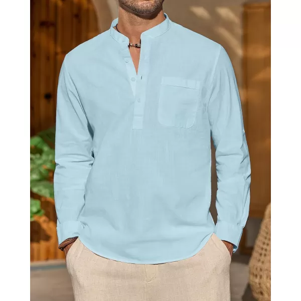 J.VER Men's Linen Roll Up Long Sleeve Shirt Cotton Casual Beach Shirts Henley T-Shirt Band Collar Vacation Tops with Pocket