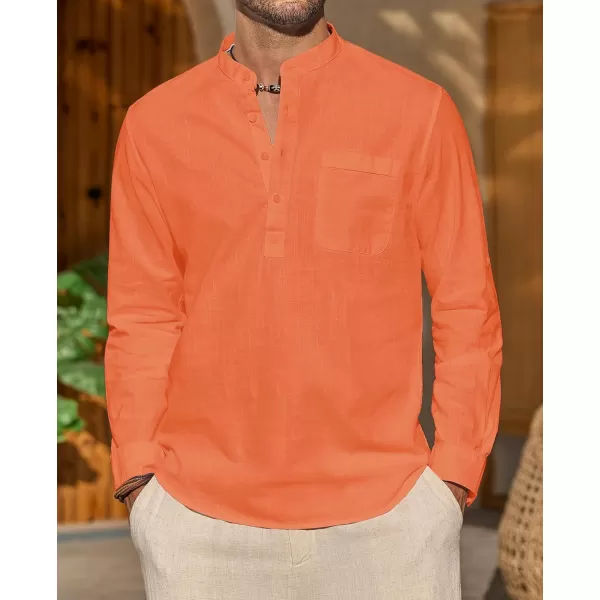 J.VER Men's Linen Roll Up Long Sleeve Shirt Cotton Casual Beach Shirts Henley T-Shirt Band Collar Vacation Tops with Pocket