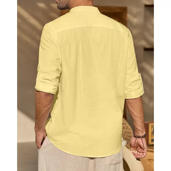 J.VER Men's Linen Roll Up Long Sleeve Shirt Cotton Casual Beach Shirts Henley T-Shirt Band Collar Vacation Tops with Pocket