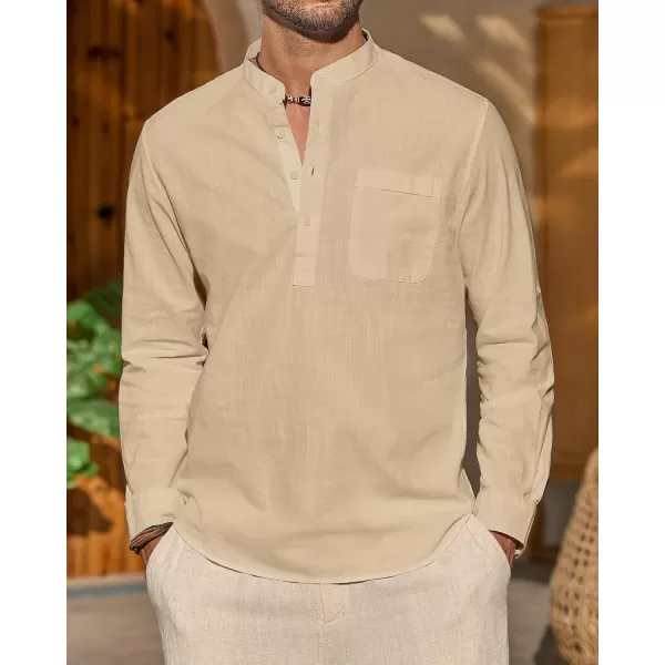 J.VER Men's Linen Roll Up Long Sleeve Shirt Cotton Casual Beach Shirts Henley T-Shirt Band Collar Vacation Tops with Pocket