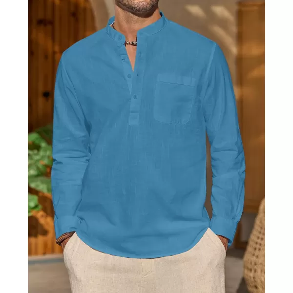 J.VER Men's Linen Roll Up Long Sleeve Shirt Cotton Casual Beach Shirts Henley T-Shirt Band Collar Vacation Tops with Pocket