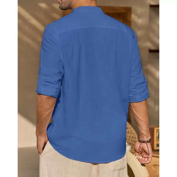 J.VER Men's Linen Roll Up Long Sleeve Shirt Cotton Casual Beach Shirts Henley T-Shirt Band Collar Vacation Tops with Pocket