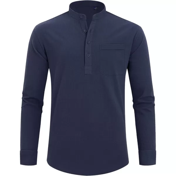 J.VER Men's Linen Roll Up Long Sleeve Shirt Cotton Casual Beach Shirts Henley T-Shirt Band Collar Vacation Tops with Pocket