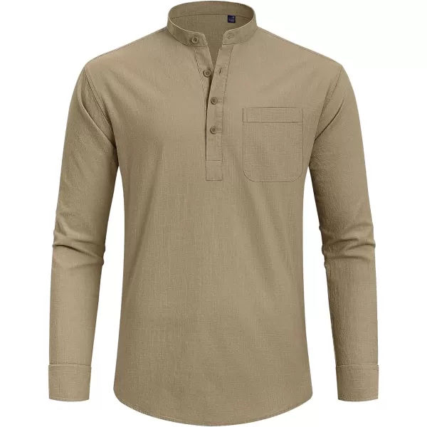 J.VER Men's Linen Roll Up Long Sleeve Shirt Cotton Casual Beach Shirts Henley T-Shirt Band Collar Vacation Tops with Pocket