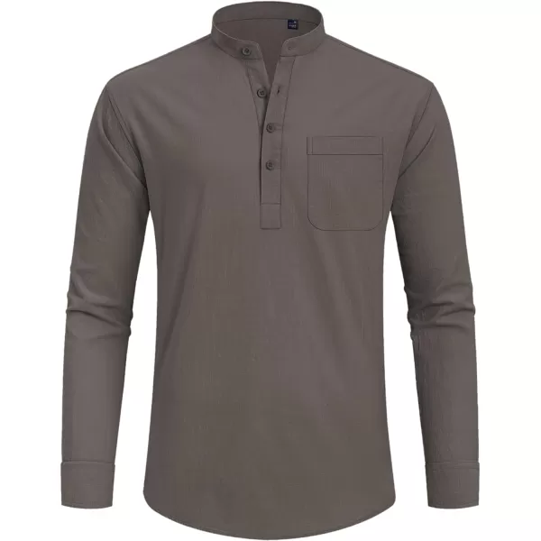 J.VER Men's Linen Roll Up Long Sleeve Shirt Cotton Casual Beach Shirts Henley T-Shirt Band Collar Vacation Tops with Pocket