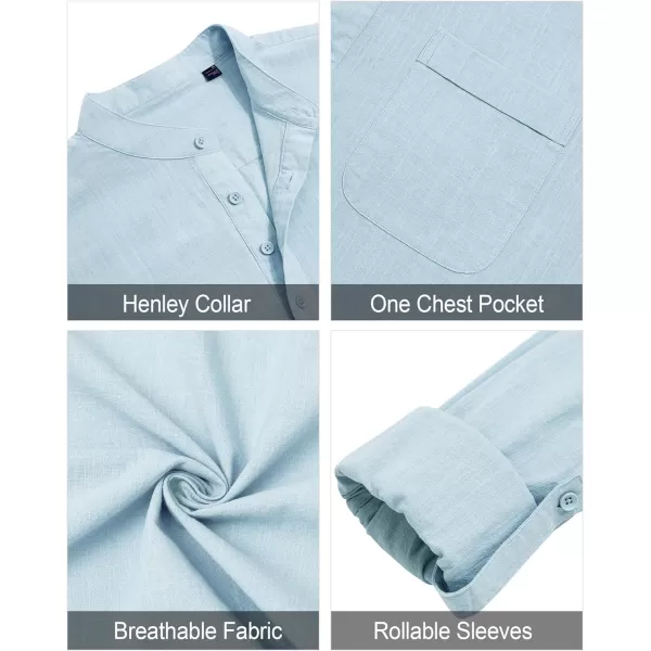 J.VER Men's Linen Roll Up Long Sleeve Shirt Cotton Casual Beach Shirts Henley T-Shirt Band Collar Vacation Tops with Pocket