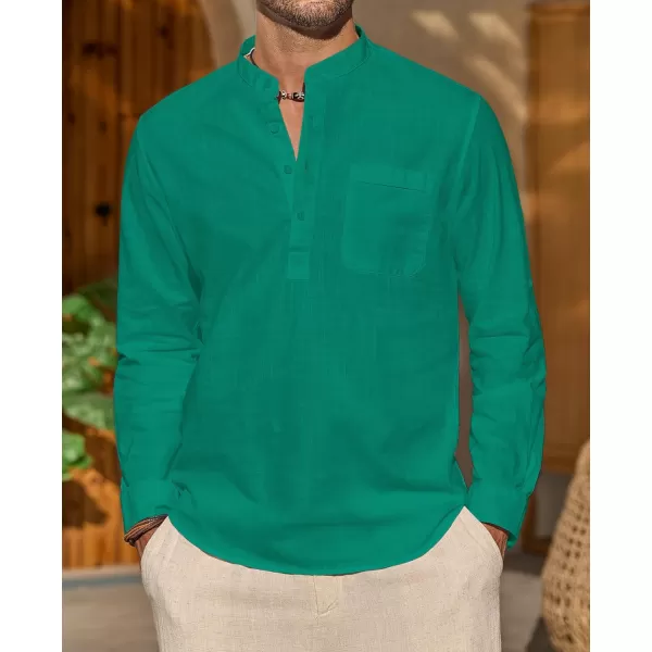 J.VER Men's Linen Roll Up Long Sleeve Shirt Cotton Casual Beach Shirts Henley T-Shirt Band Collar Vacation Tops with Pocket