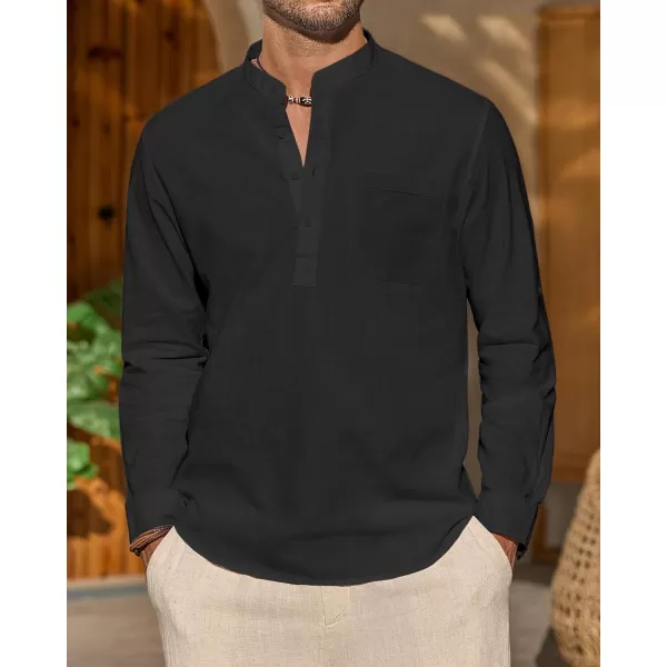 J.VER Men's Linen Roll Up Long Sleeve Shirt Cotton Casual Beach Shirts Henley T-Shirt Band Collar Vacation Tops with Pocket