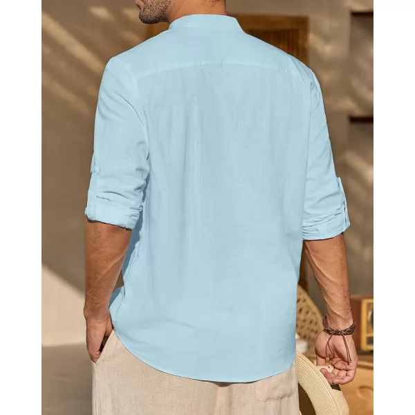 J.VER Men's Linen Roll Up Long Sleeve Shirt Cotton Casual Beach Shirts Henley T-Shirt Band Collar Vacation Tops with Pocket