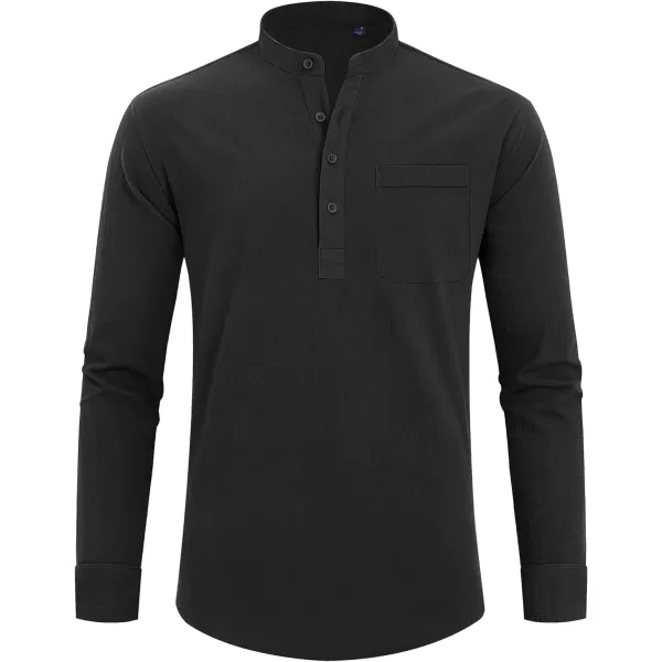 J.VER Men's Linen Roll Up Long Sleeve Shirt Cotton Casual Beach Shirts Henley T-Shirt Band Collar Vacation Tops with Pocket