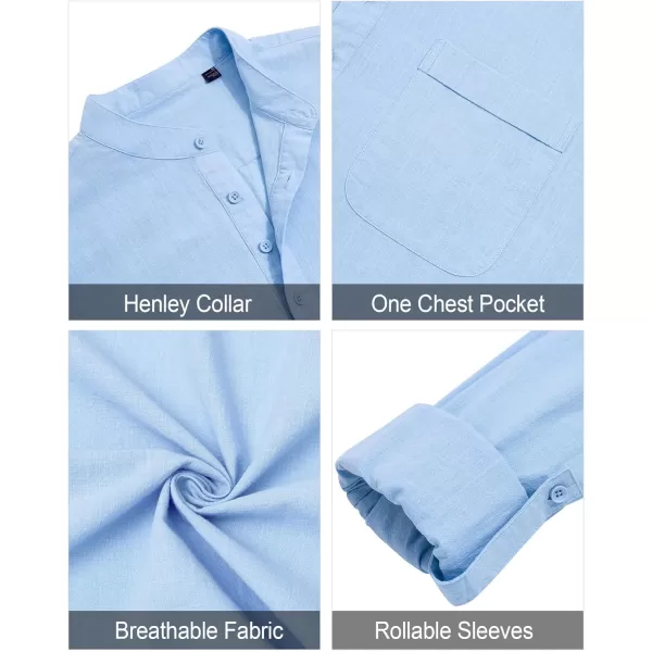 J.VER Men's Linen Roll Up Long Sleeve Shirt Cotton Casual Beach Shirts Henley T-Shirt Band Collar Vacation Tops with Pocket