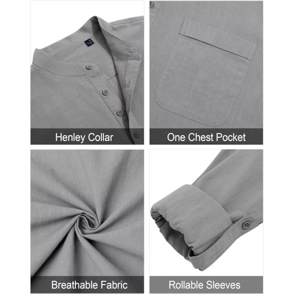 J.VER Men's Linen Roll Up Long Sleeve Shirt Cotton Casual Beach Shirts Henley T-Shirt Band Collar Vacation Tops with Pocket