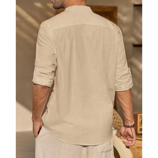 J.VER Men's Linen Roll Up Long Sleeve Shirt Cotton Casual Beach Shirts Henley T-Shirt Band Collar Vacation Tops with Pocket