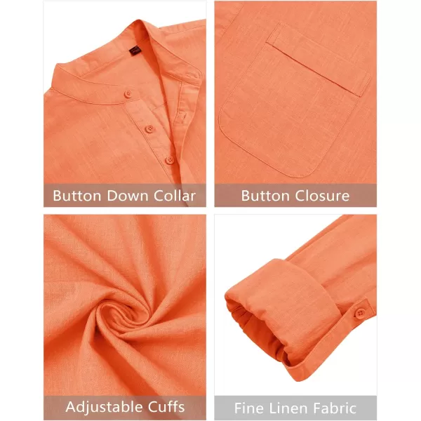 J.VER Men's Linen Roll Up Long Sleeve Shirt Cotton Casual Beach Shirts Henley T-Shirt Band Collar Vacation Tops with Pocket