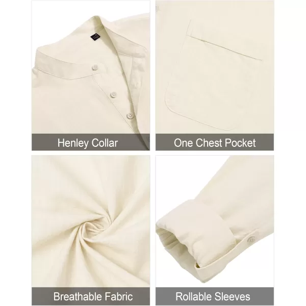 J.VER Men's Linen Roll Up Long Sleeve Shirt Cotton Casual Beach Shirts Henley T-Shirt Band Collar Vacation Tops with Pocket