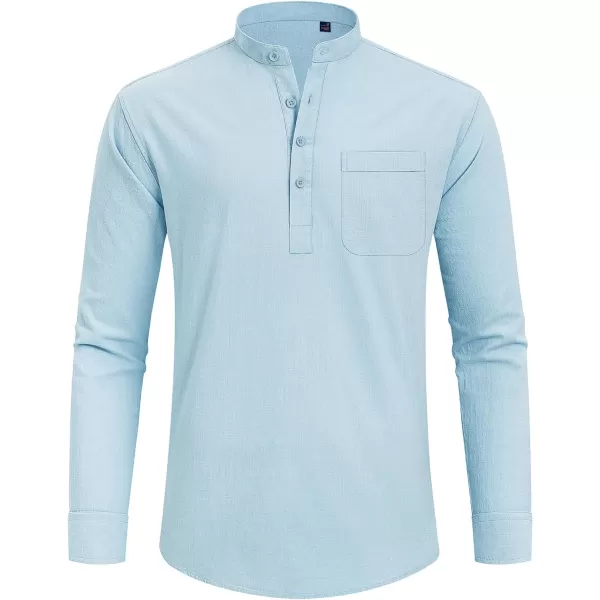 J.VER Men's Linen Roll Up Long Sleeve Shirt Cotton Casual Beach Shirts Henley T-Shirt Band Collar Vacation Tops with Pocket