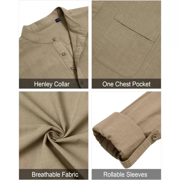 J.VER Men's Linen Roll Up Long Sleeve Shirt Cotton Casual Beach Shirts Henley T-Shirt Band Collar Vacation Tops with Pocket