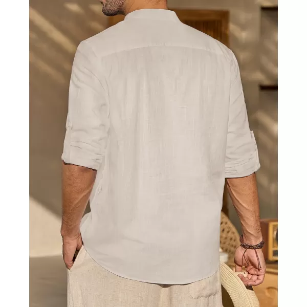 J.VER Men's Linen Roll Up Long Sleeve Shirt Cotton Casual Beach Shirts Henley T-Shirt Band Collar Vacation Tops with Pocket