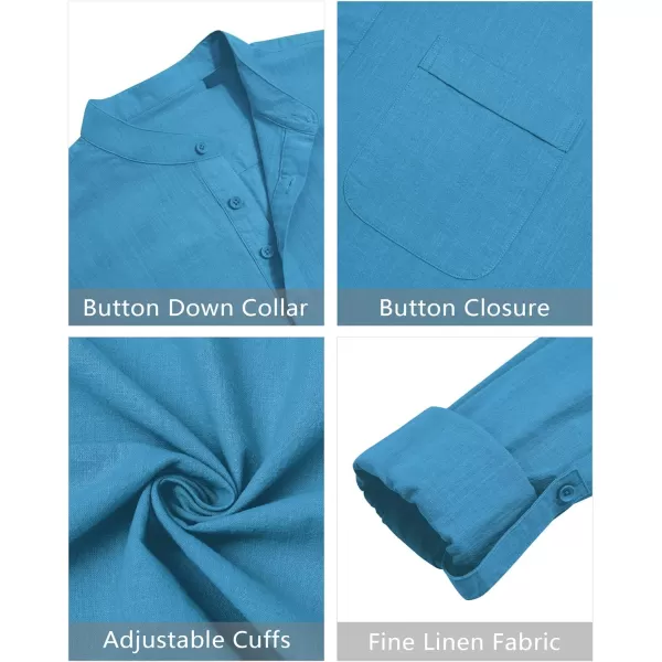 J.VER Men's Linen Roll Up Long Sleeve Shirt Cotton Casual Beach Shirts Henley T-Shirt Band Collar Vacation Tops with Pocket