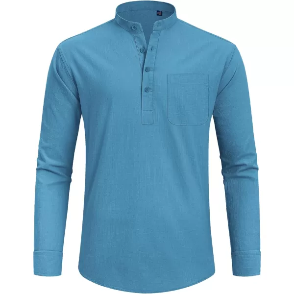 J.VER Men's Linen Roll Up Long Sleeve Shirt Cotton Casual Beach Shirts Henley T-Shirt Band Collar Vacation Tops with Pocket