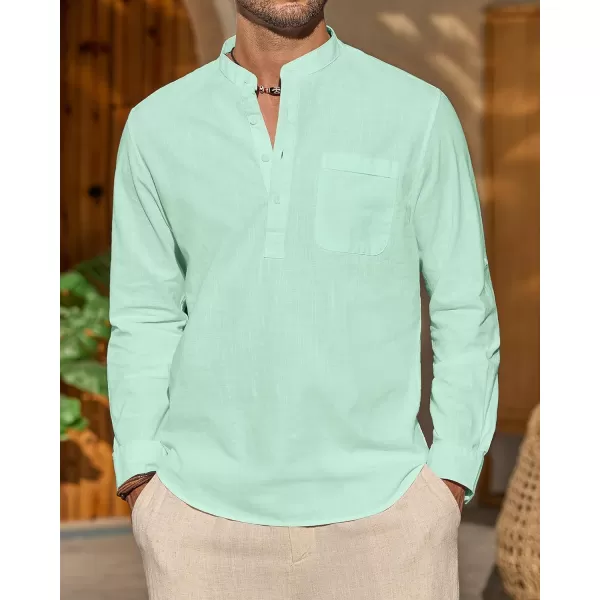 J.VER Men's Linen Roll Up Long Sleeve Shirt Cotton Casual Beach Shirts Henley T-Shirt Band Collar Vacation Tops with Pocket