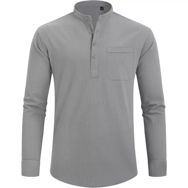 J.VER Men's Linen Roll Up Long Sleeve Shirt Cotton Casual Beach Shirts Henley T-Shirt Band Collar Vacation Tops with Pocket