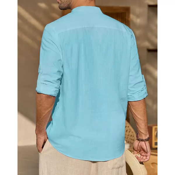 J.VER Men's Linen Roll Up Long Sleeve Shirt Cotton Casual Beach Shirts Henley T-Shirt Band Collar Vacation Tops with Pocket