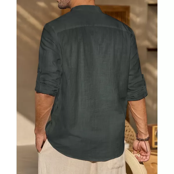 J.VER Men's Linen Roll Up Long Sleeve Shirt Cotton Casual Beach Shirts Henley T-Shirt Band Collar Vacation Tops with Pocket