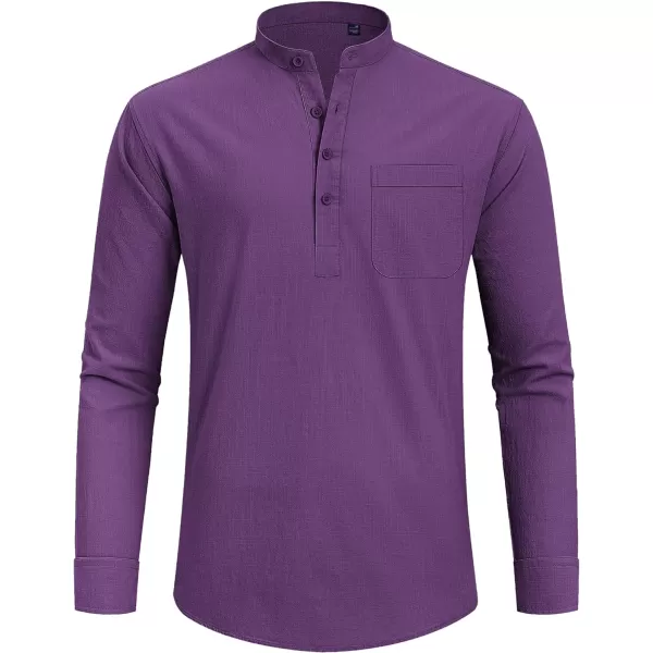 J.VER Men's Linen Roll Up Long Sleeve Shirt Cotton Casual Beach Shirts Henley T-Shirt Band Collar Vacation Tops with Pocket