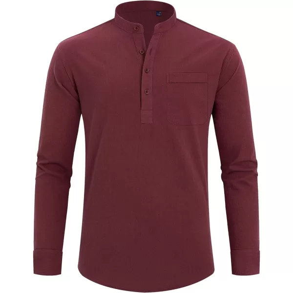 J.VER Men's Linen Roll Up Long Sleeve Shirt Cotton Casual Beach Shirts Henley T-Shirt Band Collar Vacation Tops with Pocket