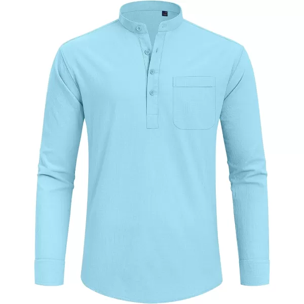 J.VER Men's Linen Roll Up Long Sleeve Shirt Cotton Casual Beach Shirts Henley T-Shirt Band Collar Vacation Tops with Pocket