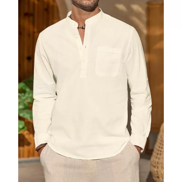 J.VER Men's Linen Roll Up Long Sleeve Shirt Cotton Casual Beach Shirts Henley T-Shirt Band Collar Vacation Tops with Pocket