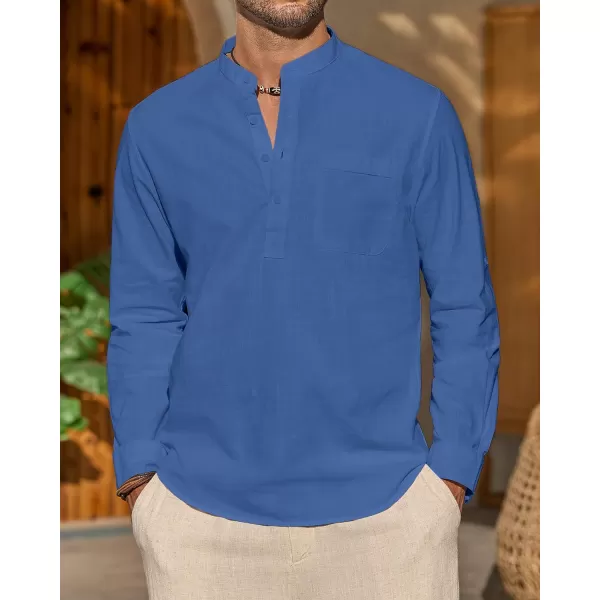 J.VER Men's Linen Roll Up Long Sleeve Shirt Cotton Casual Beach Shirts Henley T-Shirt Band Collar Vacation Tops with Pocket