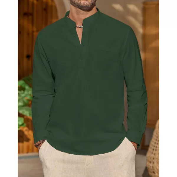 J.VER Men's Linen Roll Up Long Sleeve Shirt Cotton Casual Beach Shirts Henley T-Shirt Band Collar Vacation Tops with Pocket