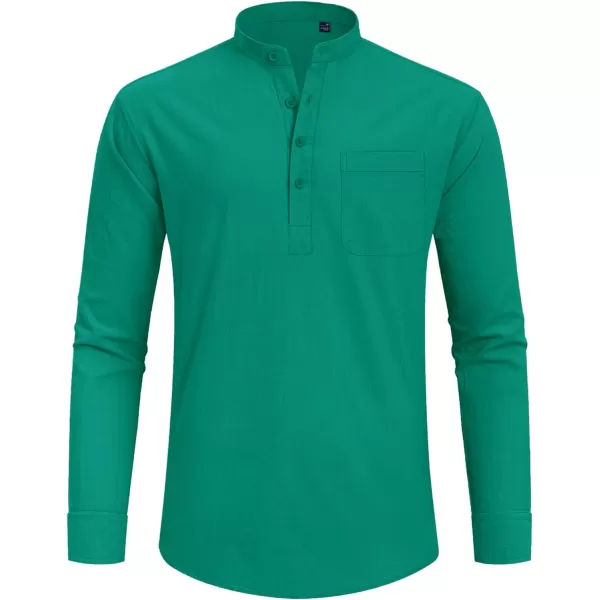 J.VER Men's Linen Roll Up Long Sleeve Shirt Cotton Casual Beach Shirts Henley T-Shirt Band Collar Vacation Tops with Pocket