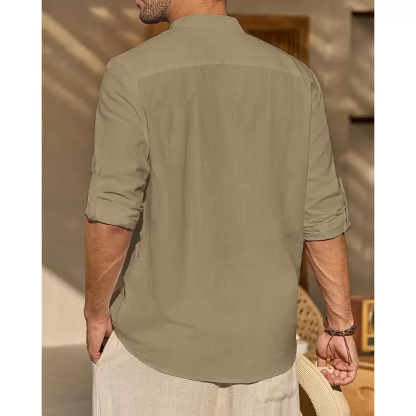 J.VER Men's Linen Roll Up Long Sleeve Shirt Cotton Casual Beach Shirts Henley T-Shirt Band Collar Vacation Tops with Pocket