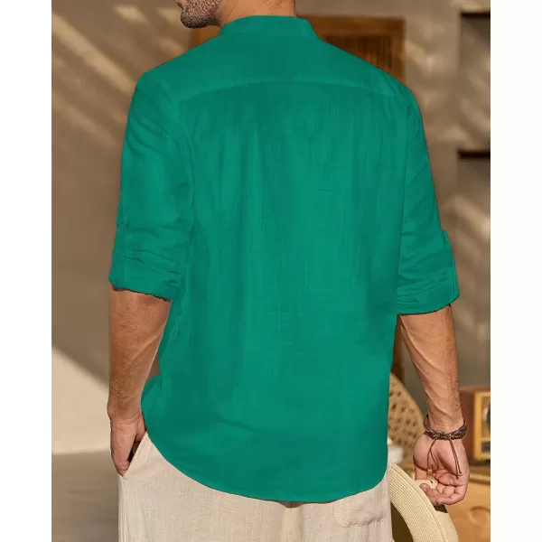 J.VER Men's Linen Roll Up Long Sleeve Shirt Cotton Casual Beach Shirts Henley T-Shirt Band Collar Vacation Tops with Pocket