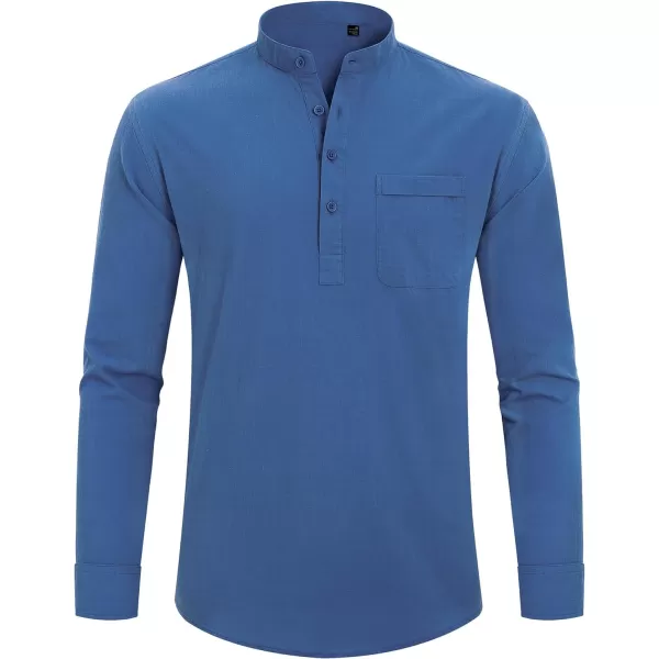 J.VER Men's Linen Roll Up Long Sleeve Shirt Cotton Casual Beach Shirts Henley T-Shirt Band Collar Vacation Tops with Pocket