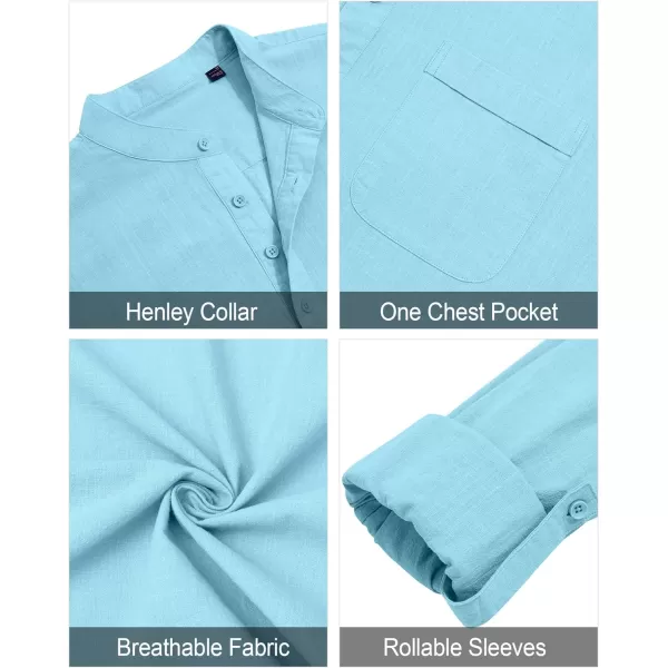 J.VER Men's Linen Roll Up Long Sleeve Shirt Cotton Casual Beach Shirts Henley T-Shirt Band Collar Vacation Tops with Pocket