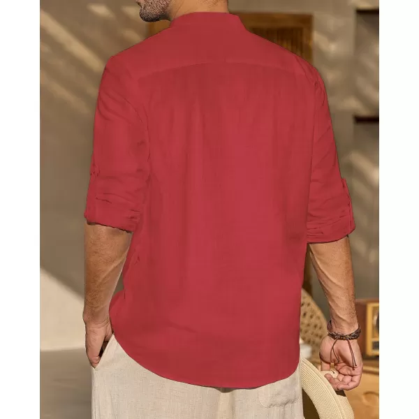 J.VER Men's Linen Roll Up Long Sleeve Shirt Cotton Casual Beach Shirts Henley T-Shirt Band Collar Vacation Tops with Pocket