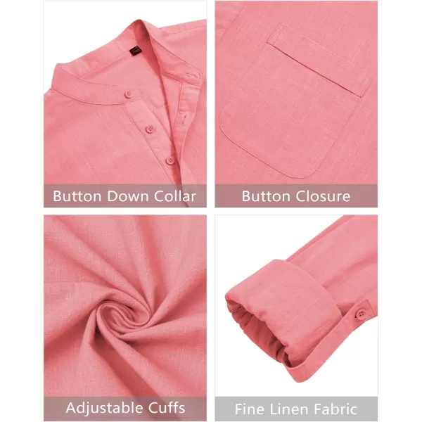 J.VER Men's Linen Roll Up Long Sleeve Shirt Cotton Casual Beach Shirts Henley T-Shirt Band Collar Vacation Tops with Pocket