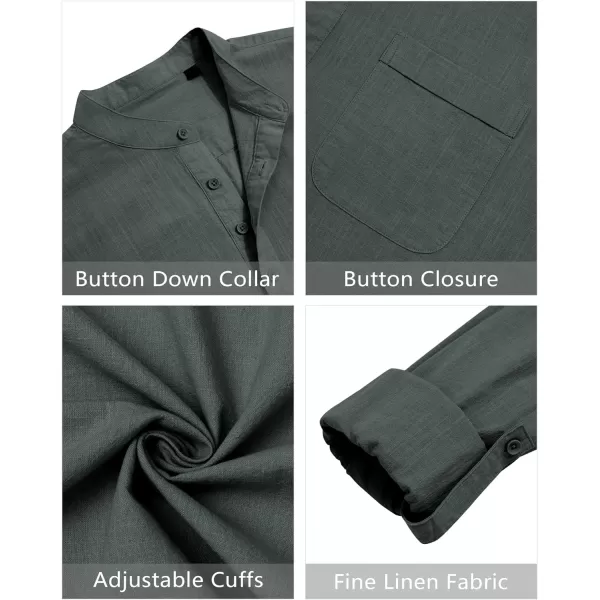 J.VER Men's Linen Roll Up Long Sleeve Shirt Cotton Casual Beach Shirts Henley T-Shirt Band Collar Vacation Tops with Pocket