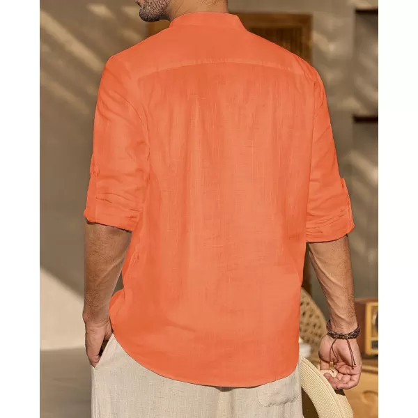 J.VER Men's Linen Roll Up Long Sleeve Shirt Cotton Casual Beach Shirts Henley T-Shirt Band Collar Vacation Tops with Pocket