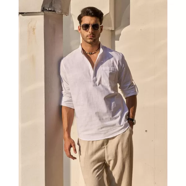 J.VER Men's Linen Roll Up Long Sleeve Shirt Cotton Casual Beach Shirts Henley T-Shirt Band Collar Vacation Tops with Pocket