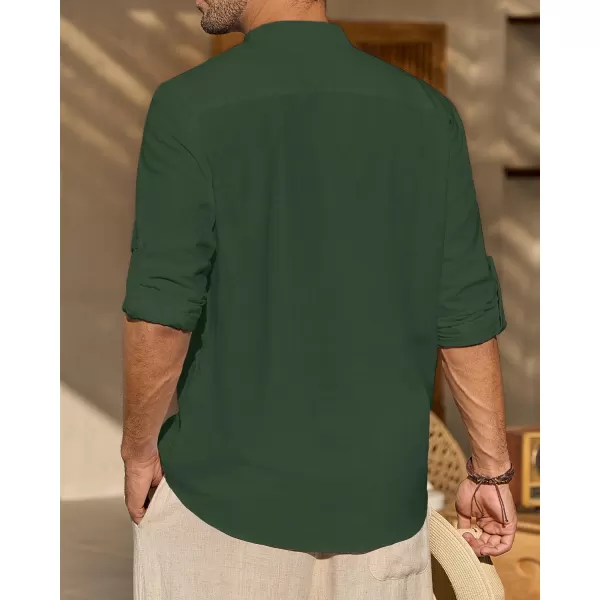 J.VER Men's Linen Roll Up Long Sleeve Shirt Cotton Casual Beach Shirts Henley T-Shirt Band Collar Vacation Tops with Pocket