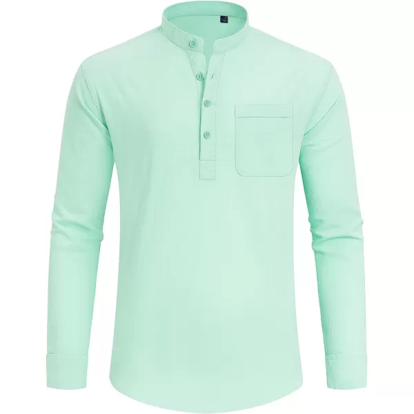 J.VER Men's Linen Roll Up Long Sleeve Shirt Cotton Casual Beach Shirts Henley T-Shirt Band Collar Vacation Tops with Pocket